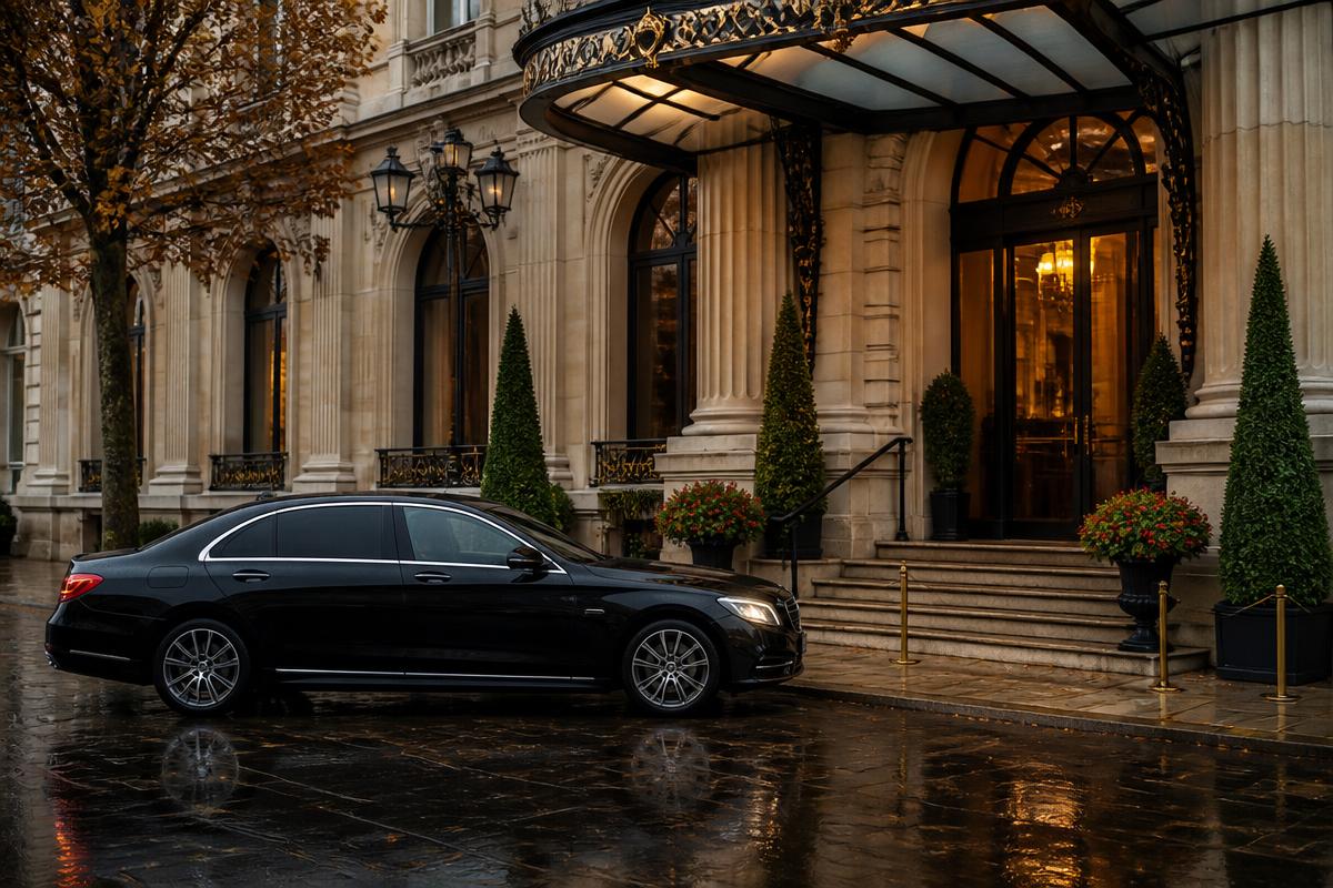 Executive arrival outside a European hotel